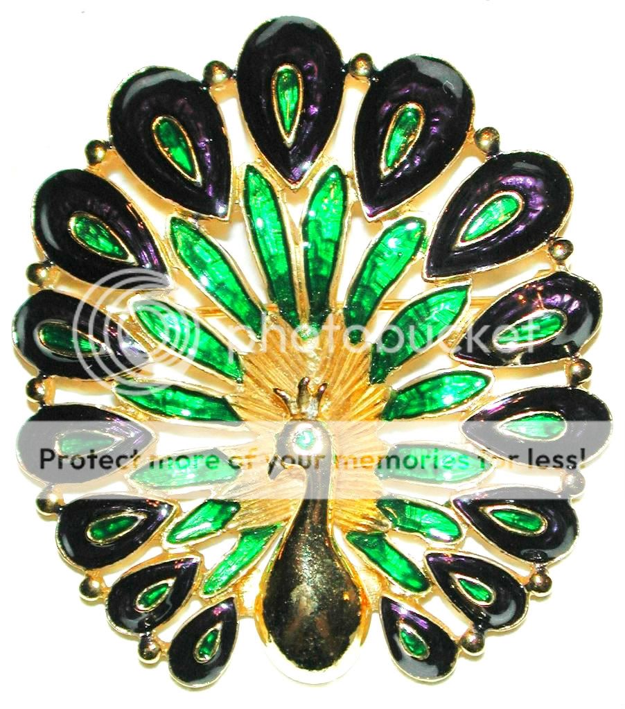 VINTAGE PEACOCK PIN ENAMELED FIGURAL BIRD SIGNED w SPHINX CARTOUCH NEW 